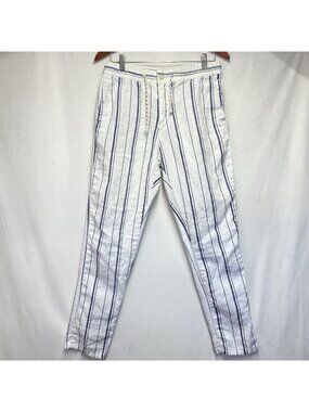 Zara Man Linen Drawstring Trouser Pants Men Small Striped White-Blue Side Pocket